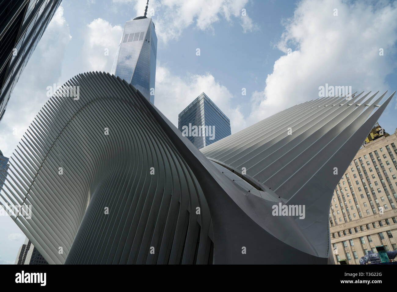 The Oculus and 1 World Trade Center are among the buildings on or near the World Trade Center site in the Financial District of Lower Manhattan. Stock Photo