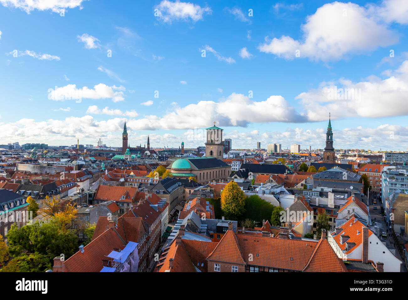 Beautiful view of the Copenhagen from top on round tower in warm sunny ... - Copenhagen Cityscape View