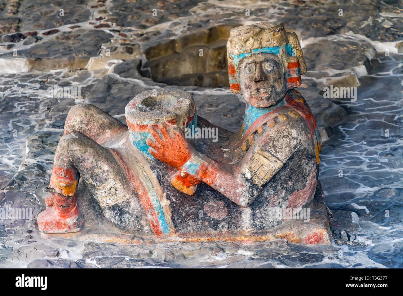 Ancient Aztec Chacool Offering Stone Statue Used Offerings Templo Mayor Mexico City Mexico. Great Aztec Temple created 1325 to 1521 Stock Photo
