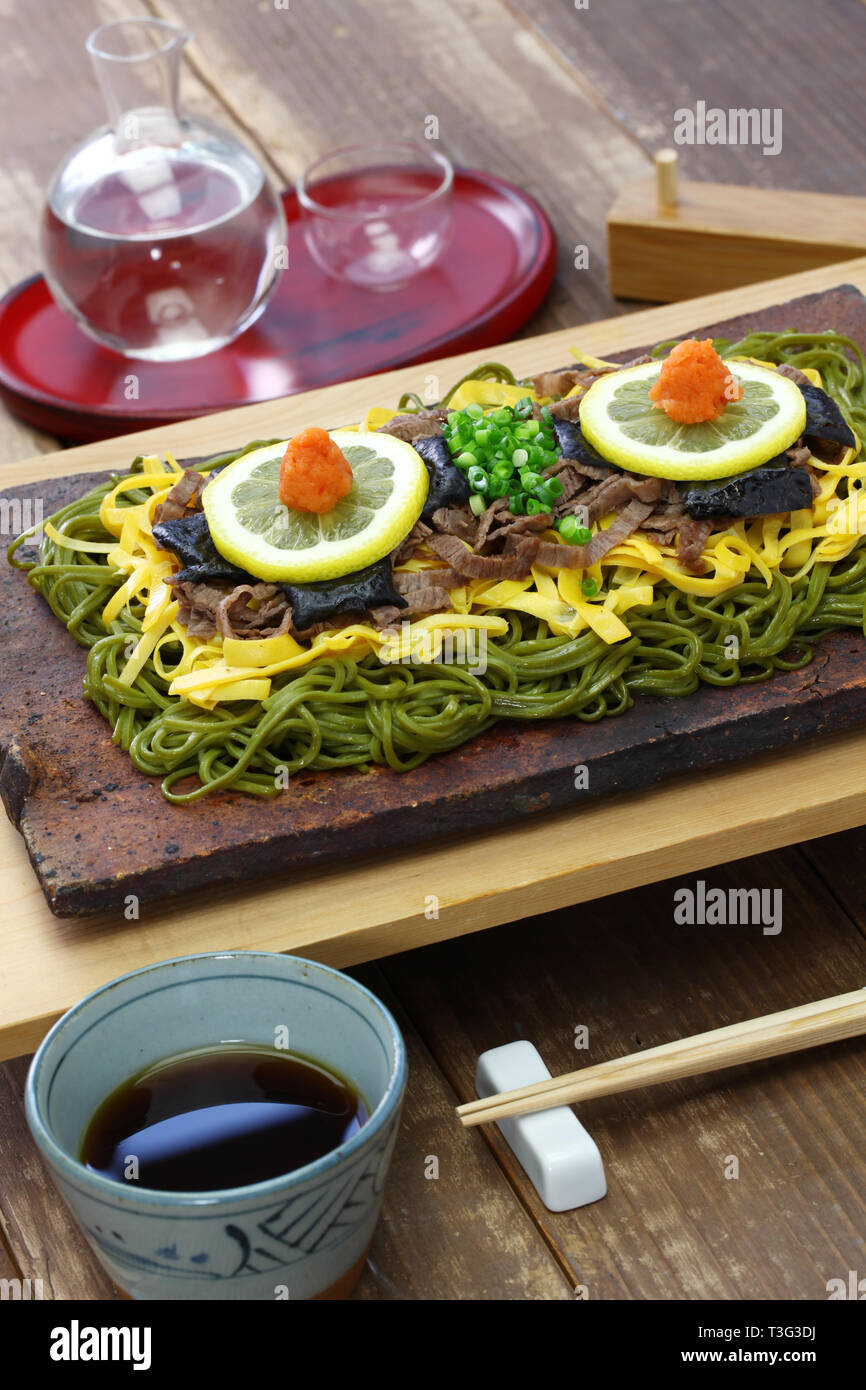 Kawara Soba Japanese Local Food Fried Green Tea Buckwheat Noodles On Roof Tile Stock Photo Alamy