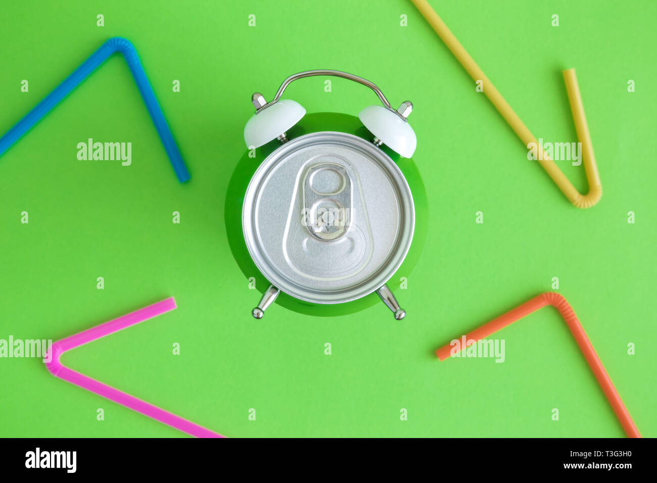 Flat Lay of Aluminum Can and Colorful Drinking Straws on Pastel