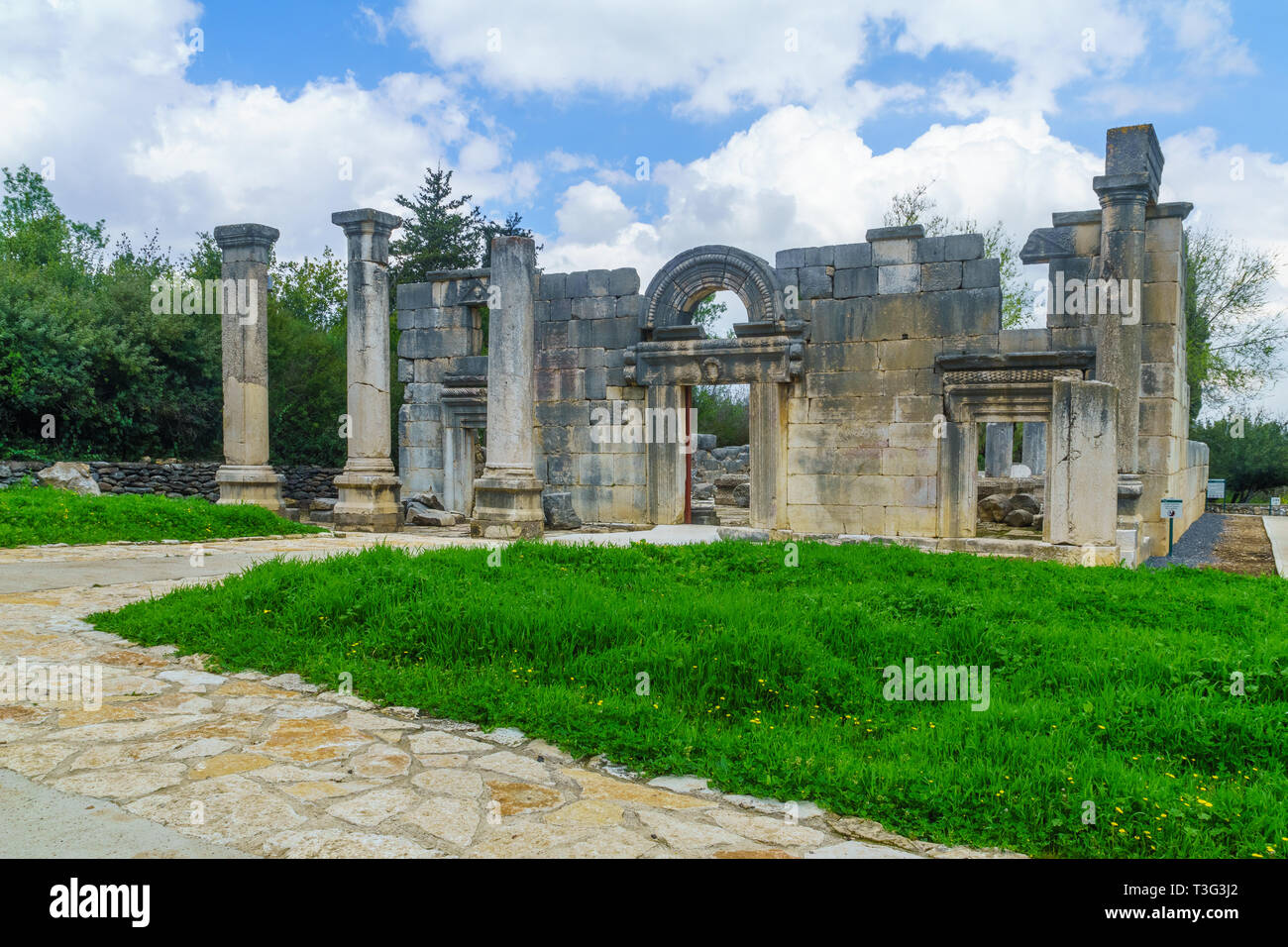 View of the ancient synagogue ruins in Baram, now a National Park. Northern Israel Stock Photo