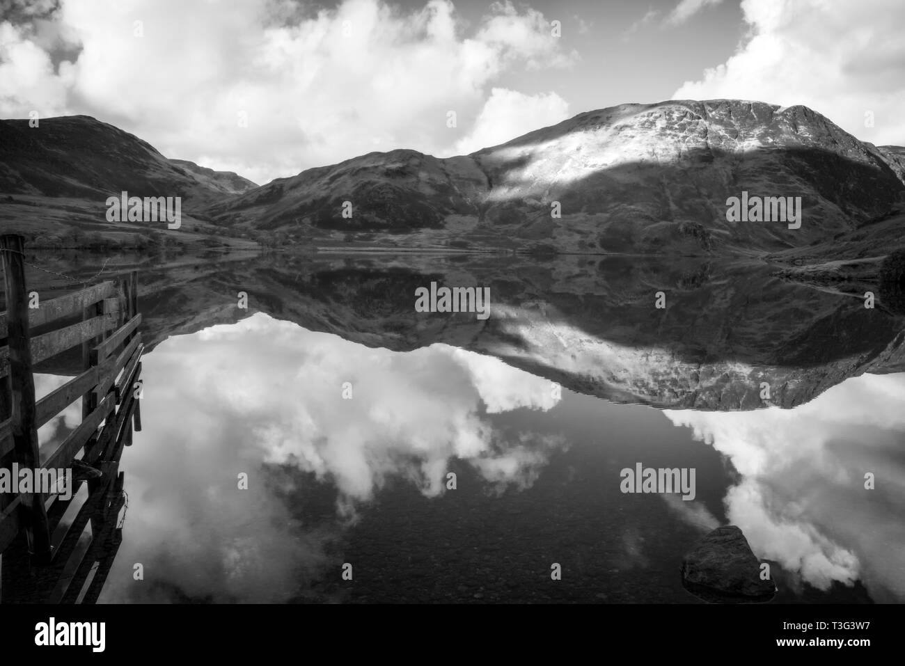 Black and White photograph of Crummock Water. Crummock Water is located in the Lake District National Park in the County of Cumbria,North West England Stock Photo