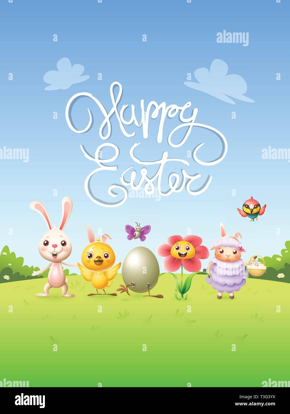Happy Easter poster with cute happy animals - bunny chicken broken egg flower lamb bird and butterfly Stock Vector