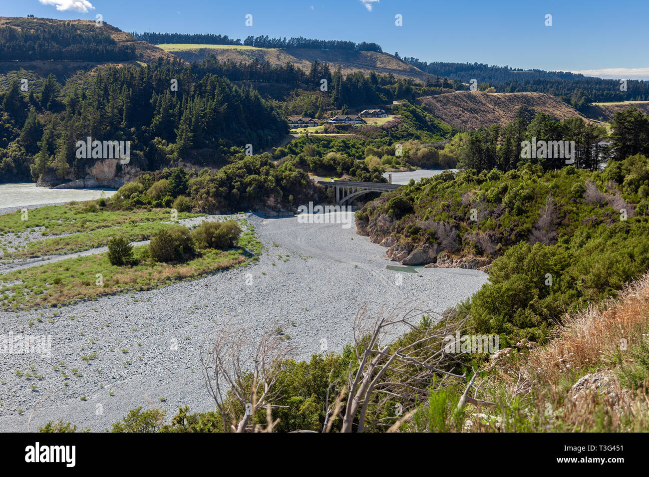 View of the dried up Rakaia River bed in summertime Stock Photo
