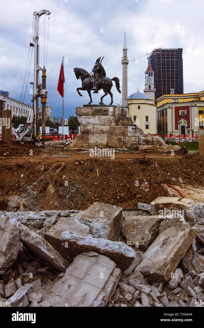 Tirana, Albania : Skanderbeg Monument at Skanderbeg Square during the 2010 construction works of modernization and europeanization iniciated by former Stock Photo