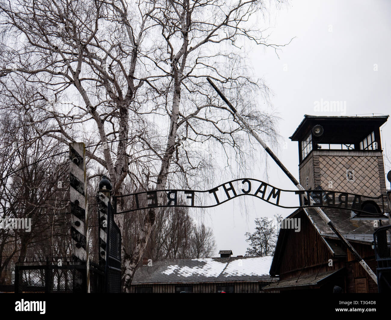 Arbeit Macht Frei sign at the entrance to Auschwitz concentration camp and death camp, Poland Stock Photo