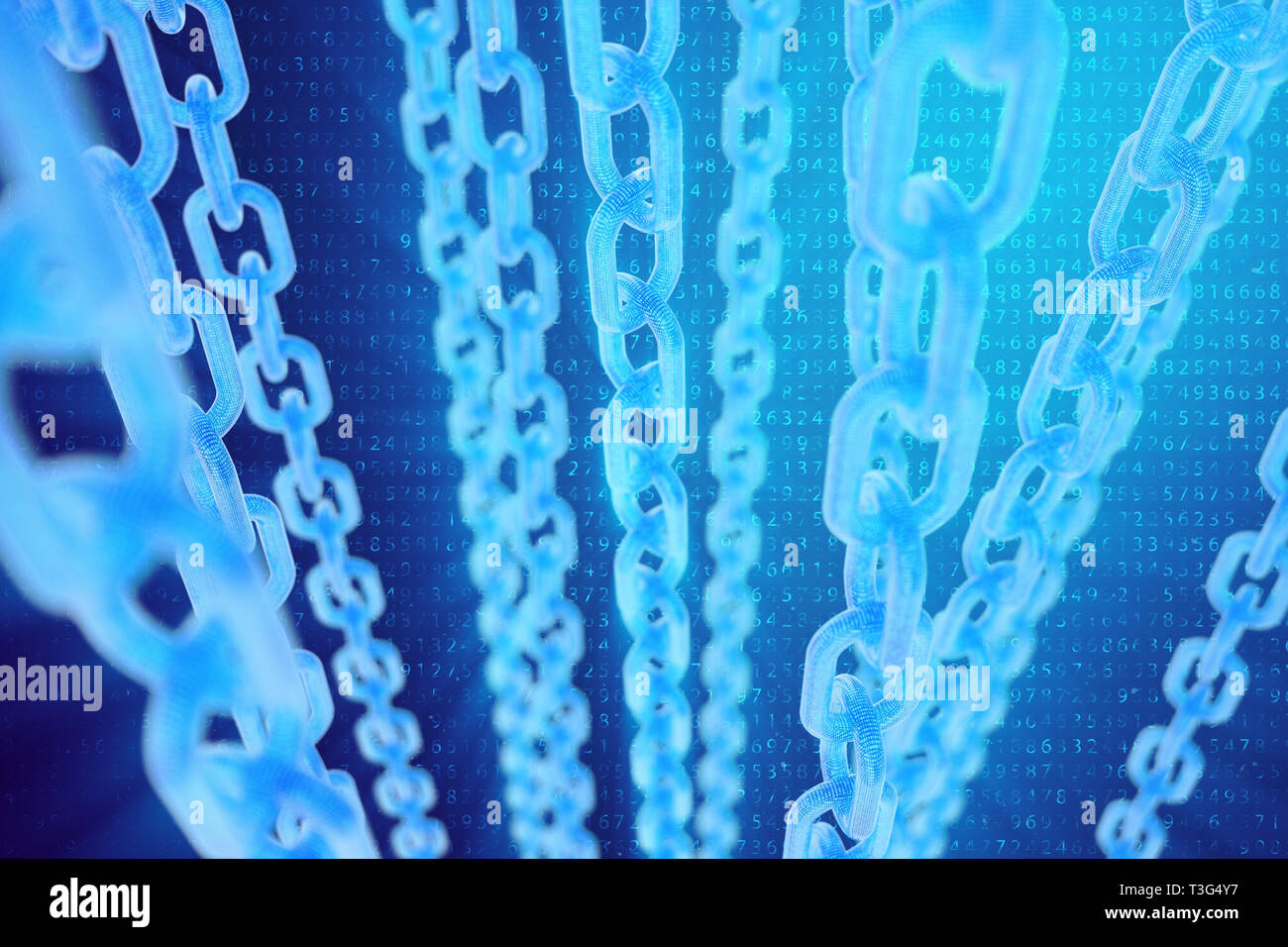 3D illustration digital blockchain code. Chain links network. Binary code on the background. Concept of Network, cryptocurrencies internet communicati Stock Photo