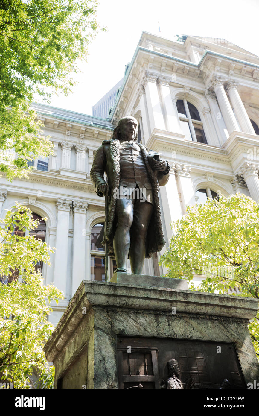 Statue of Benjamin Franklin in front of the Old City Hall along the