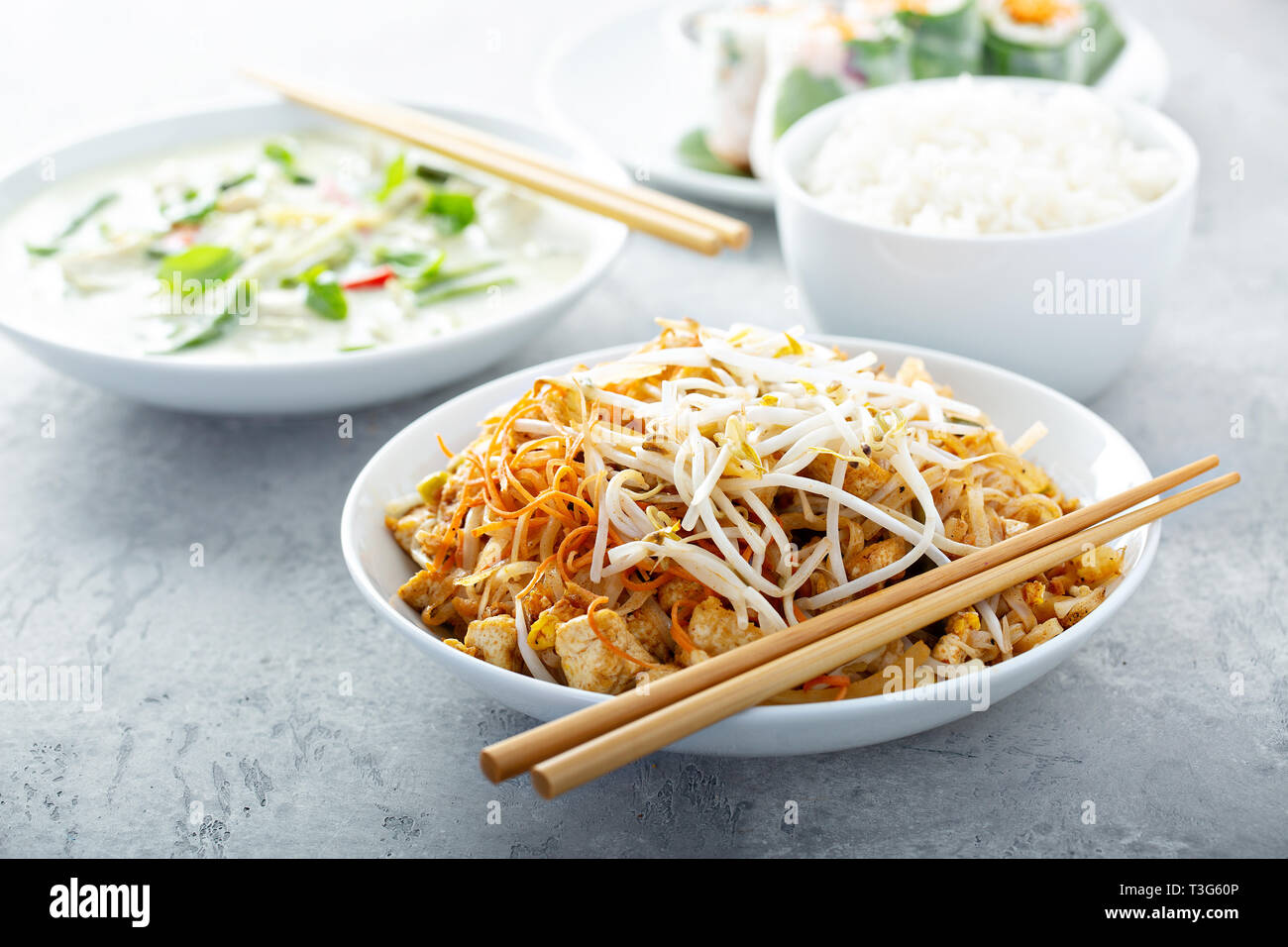 Pad Thai noodles with chicken Stock Photo