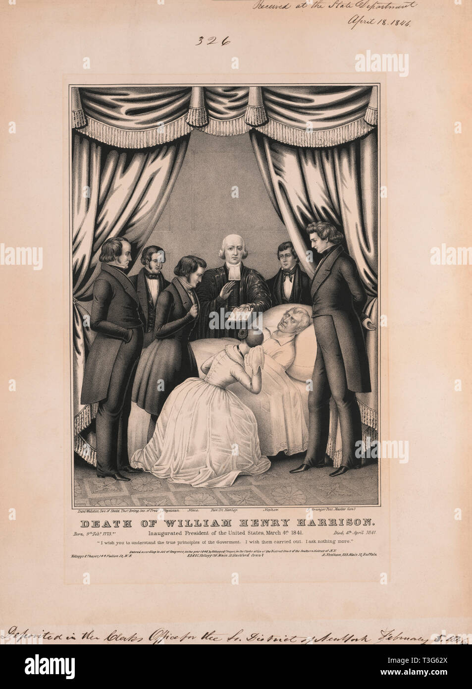 Death of William Henry Harrison, Inaugurated President of the United States March 4th, 1841, Lithograph, Kelloggs & Thayer, 1846 Stock Photo