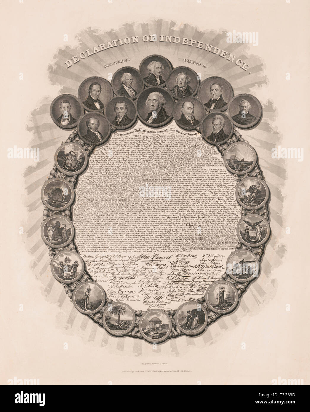 Declaration of Independence, in Congress July 4th 1776, Text and Signatures within Wreath of Portraits of First Twelve U.S. Presidents and Scenes Representing Thirteen Colonies, Engraved by Geo. G. Smith, Published by Charles Root, Boston, 1850 Stock Photo