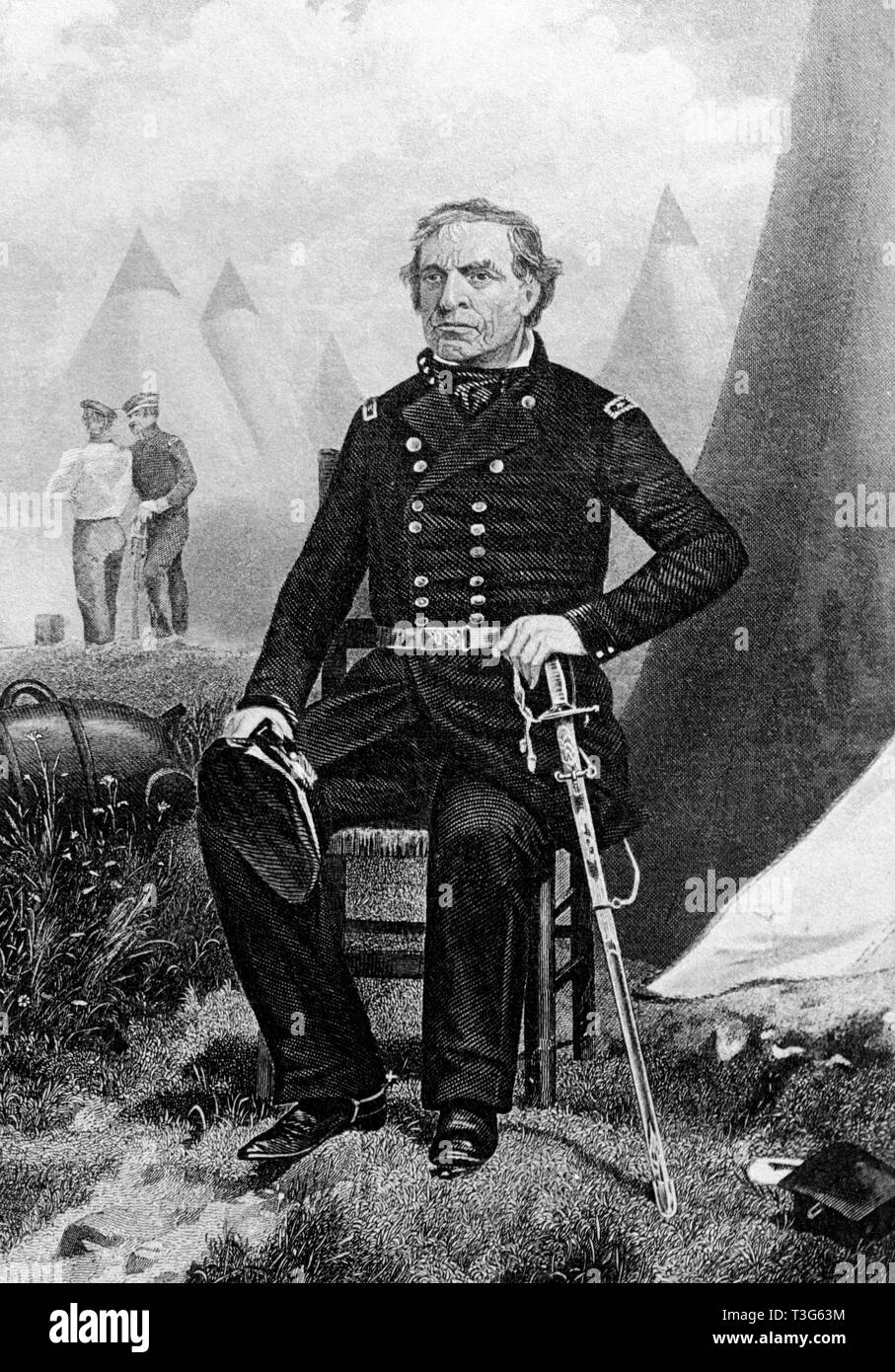 Major General Zachary Taylor, Seated Portrait in Uniform during Mexican-American War 1846-48, Engraving, C.M. Bell, 1870's Stock Photo