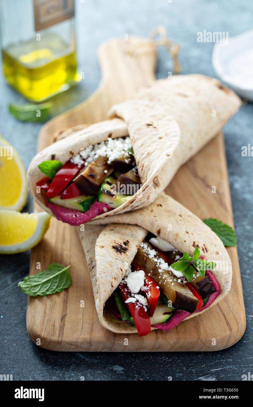 Grilled vegetables and hummus wraps Stock Photo Alamy