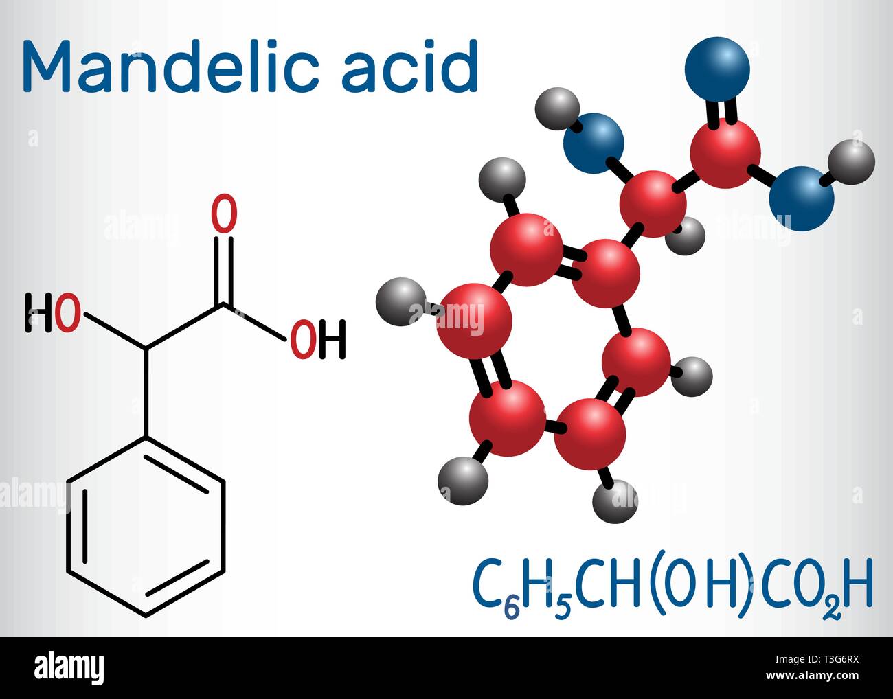 Mandelic acid molecule. Structural chemical formula and molecule model. Vector illustration Stock Vector