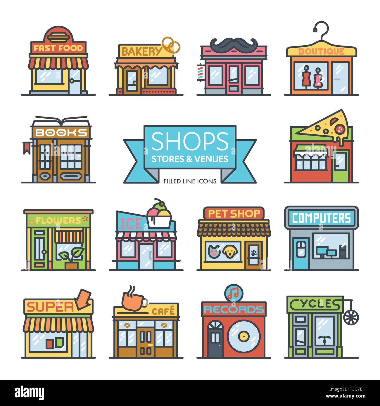 Shops, stores and venues filled line icons vector illustration Stock