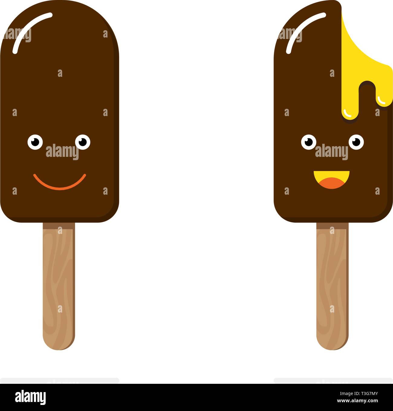 Ice cream on wooden stick chocolate glaze orange yellow filling different emotion face emoji set smile funny laugh licking lips melting. Vector illust Stock Vector