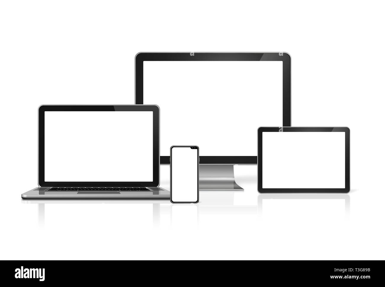 Computers and phone set mockup isolated on white background with blank ...