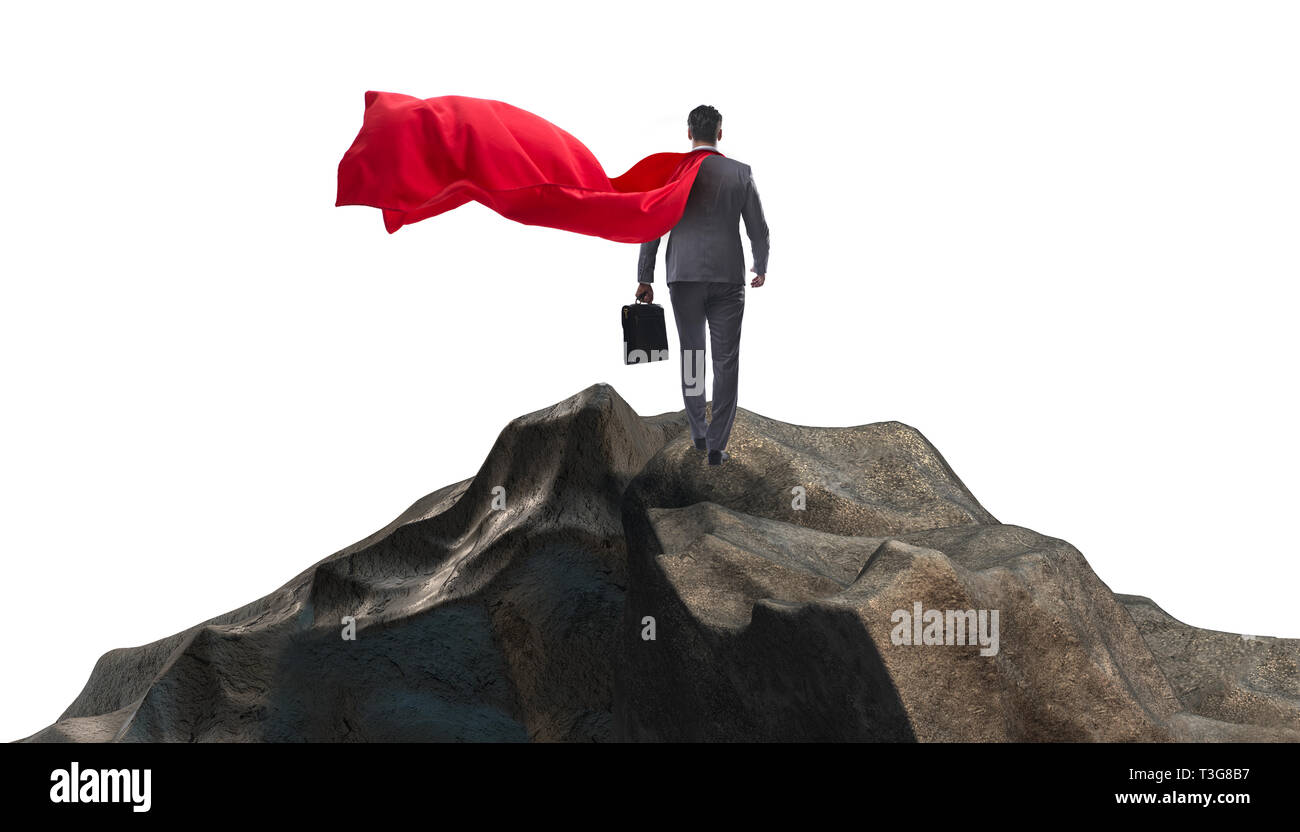 Superhero businessman on top of mountain Stock Photo - Alamy