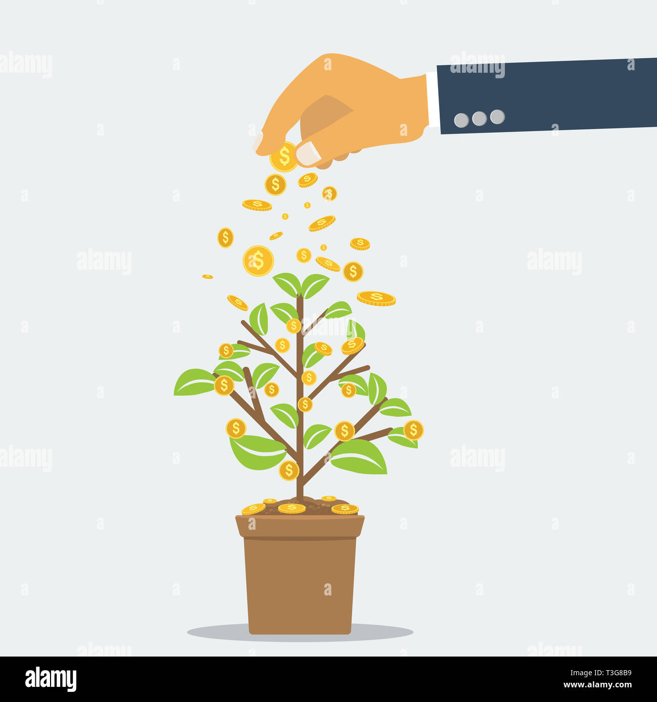 Businessman hand investing money coin tree with can. growth, investment concept with flat and solid color style. Rasterized copy Stock Photo