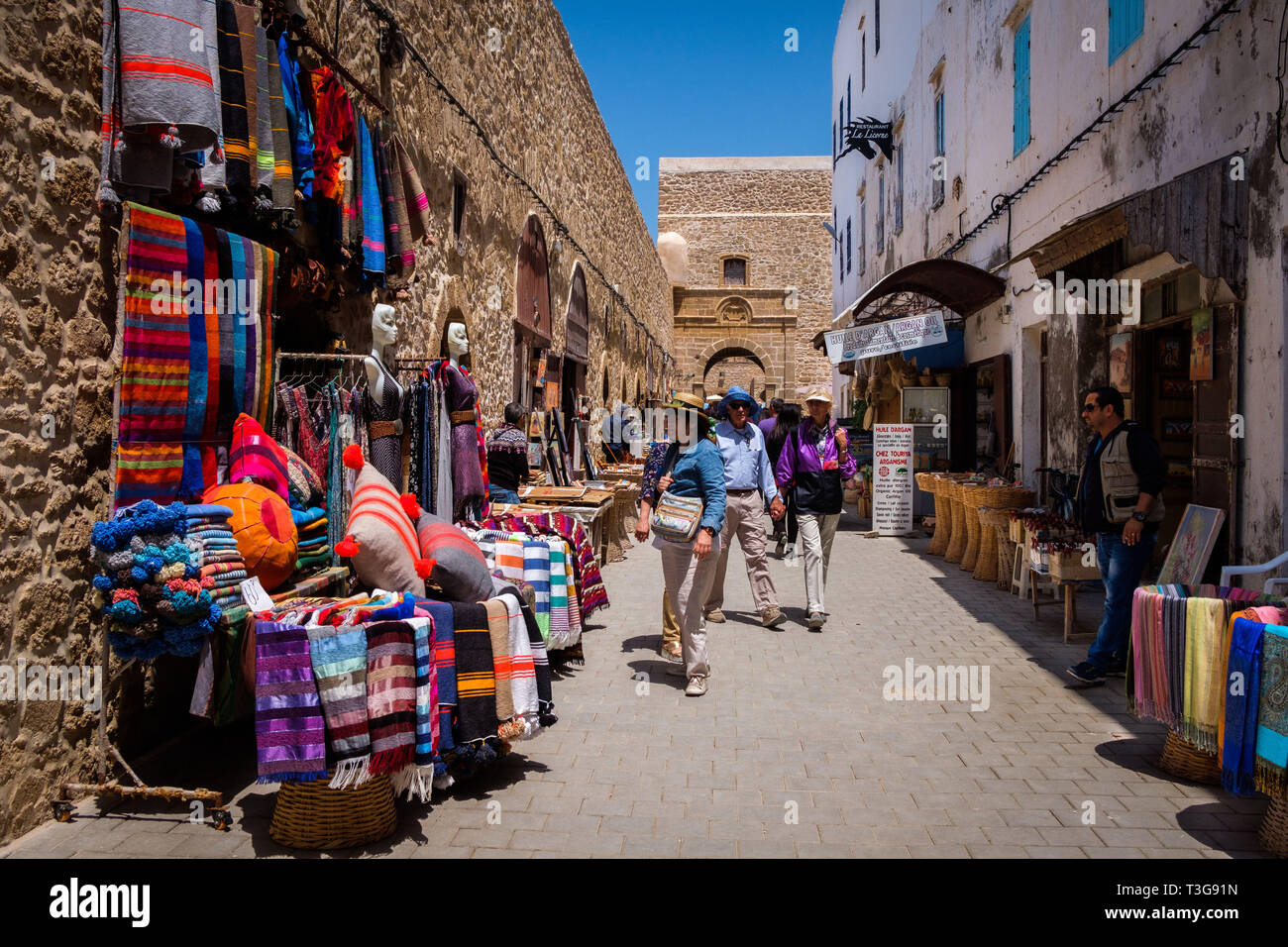 Morocco. Essaouria. City and port on the Atlantic coast of Morocco, with its medina registered as a UNESCO World Heritage Site. Shopping street and cr Stock Photo
