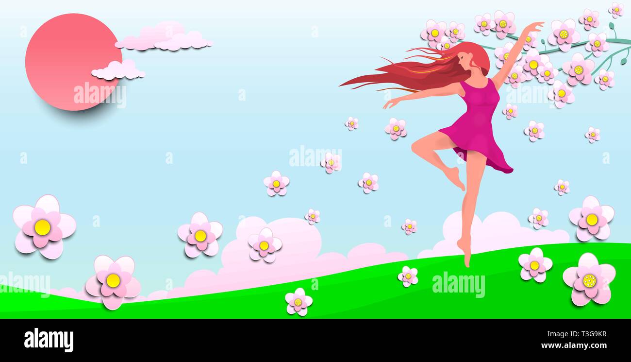 A young girl dancing among the flowers. Dancing girl on the background of the sun, sky and flowers. Stock Vector