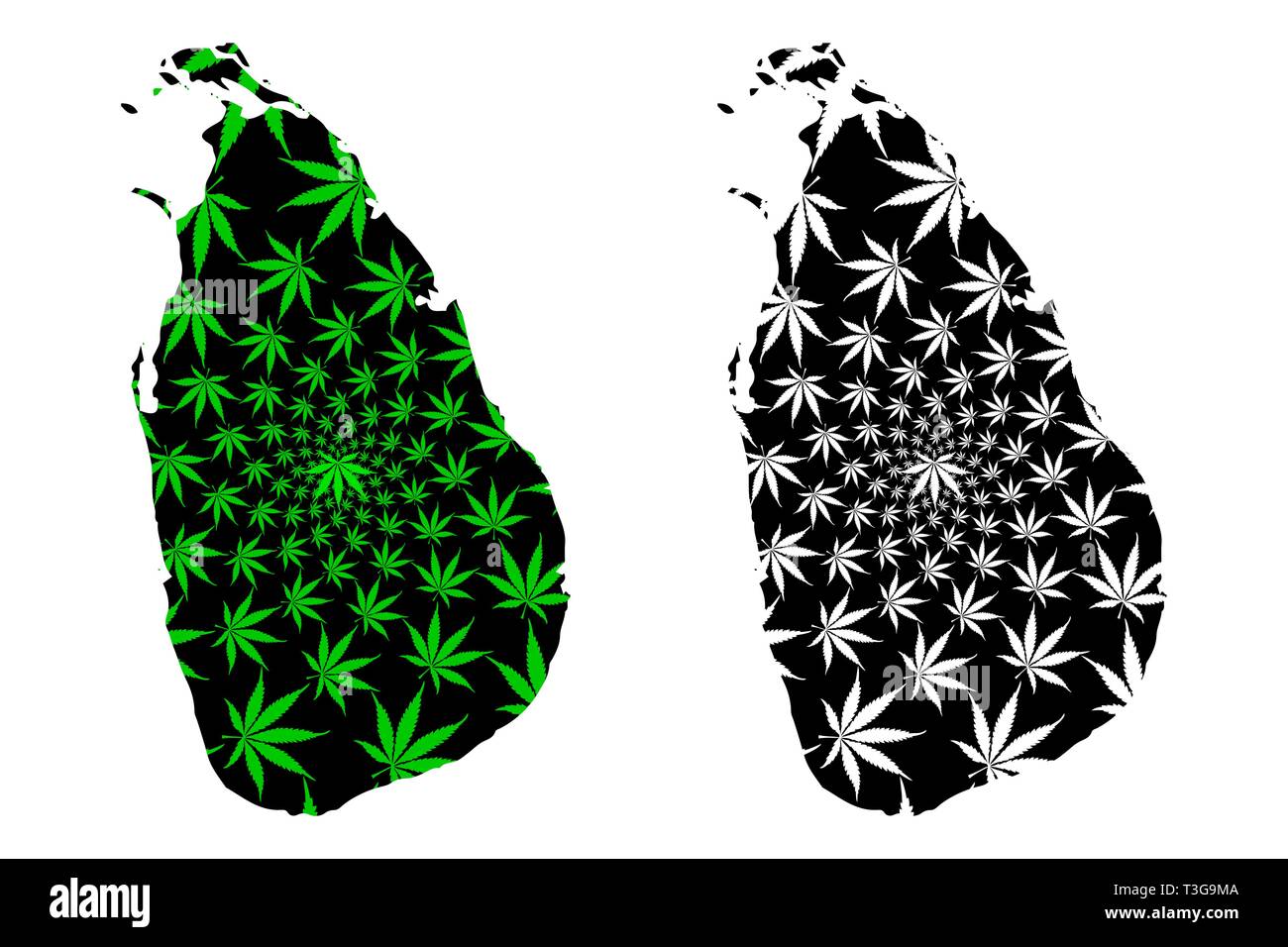 Sri Lanka - map is designed cannabis leaf green and black, Democratic Socialist Republic of Sri Lanka (Ceylon) map made of marijuana (marihuana,THC) f Stock Vector