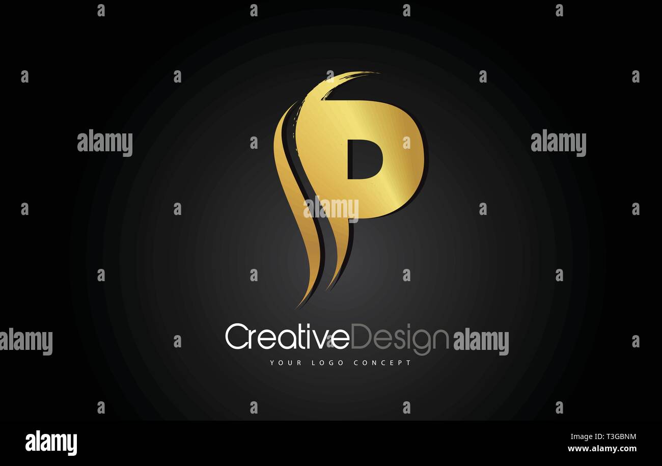 Gold Metal P Letter Design Brush Paint Stroke. Letter Logo on Black ...