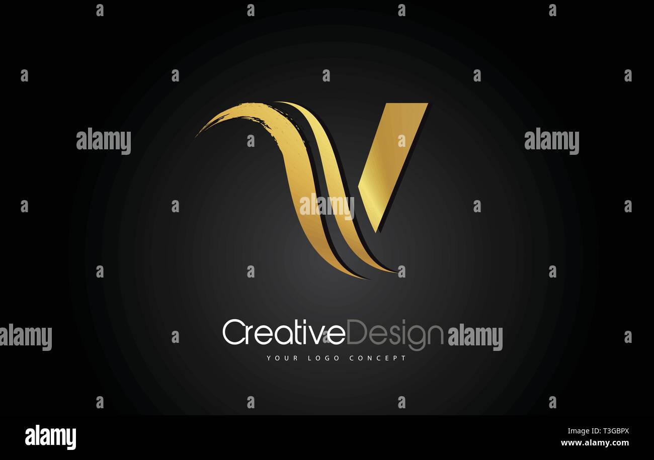 Gold Metal V Letter Design Brush Paint Stroke. Letter Logo on Black ...