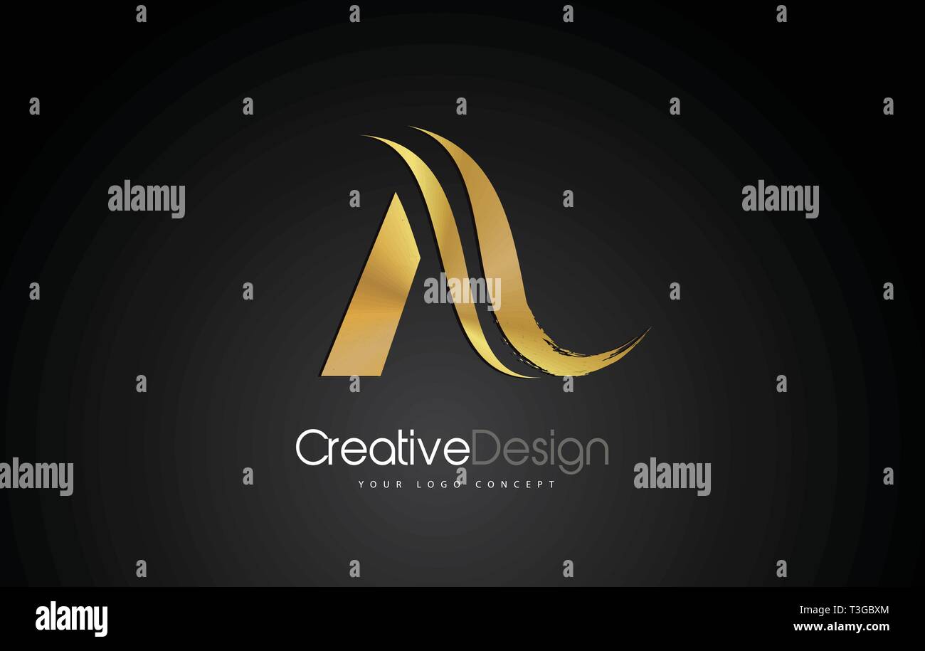 Gold Metal A Letter Design Brush Paint Stroke. Letter Logo with Black ...