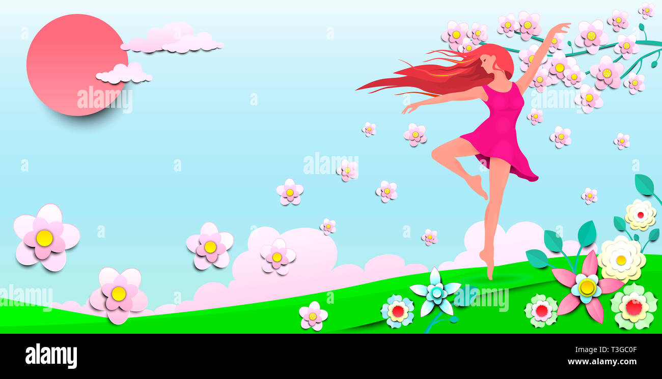 A young girl dancing among the flowers. Dancing girl on the background of the sun, sky and flowers. Stock Photo