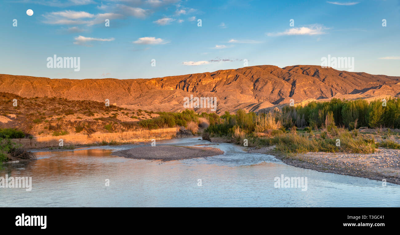 Moon Over Rio Grand Rio Grande, moon over mountains in Mexico in distance, view from Talley ...