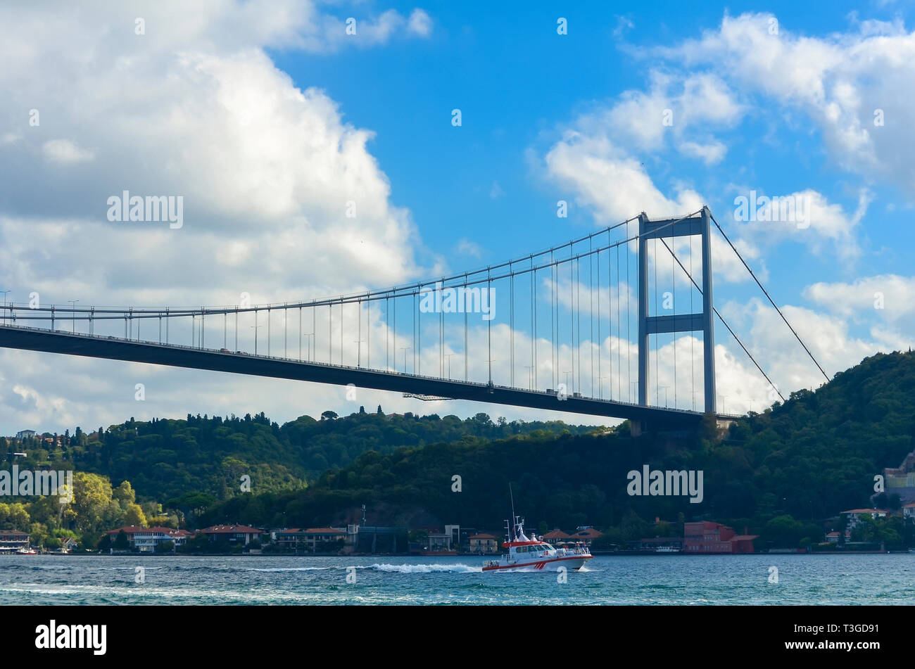 Part of a cable-stayed bridge over the Bosphorus in the afternoon. Fatih Sultan Mehmet Bridge in Istanbul, Turkey. Built in 1988 and connecting Europe Stock Photo