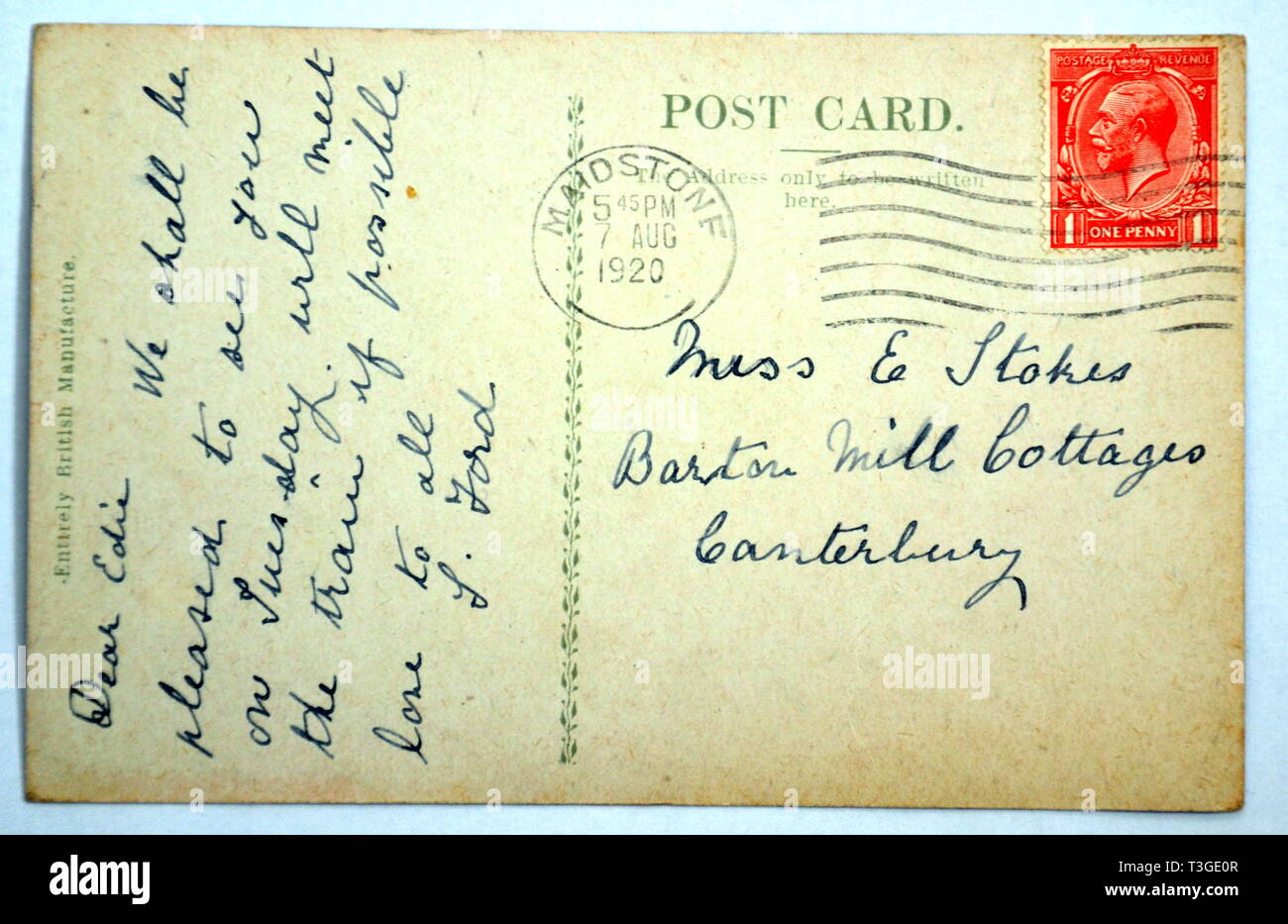 Reverse of Vintage Early 20th Century Postcard with English Writing and uk Address on Stock Photo