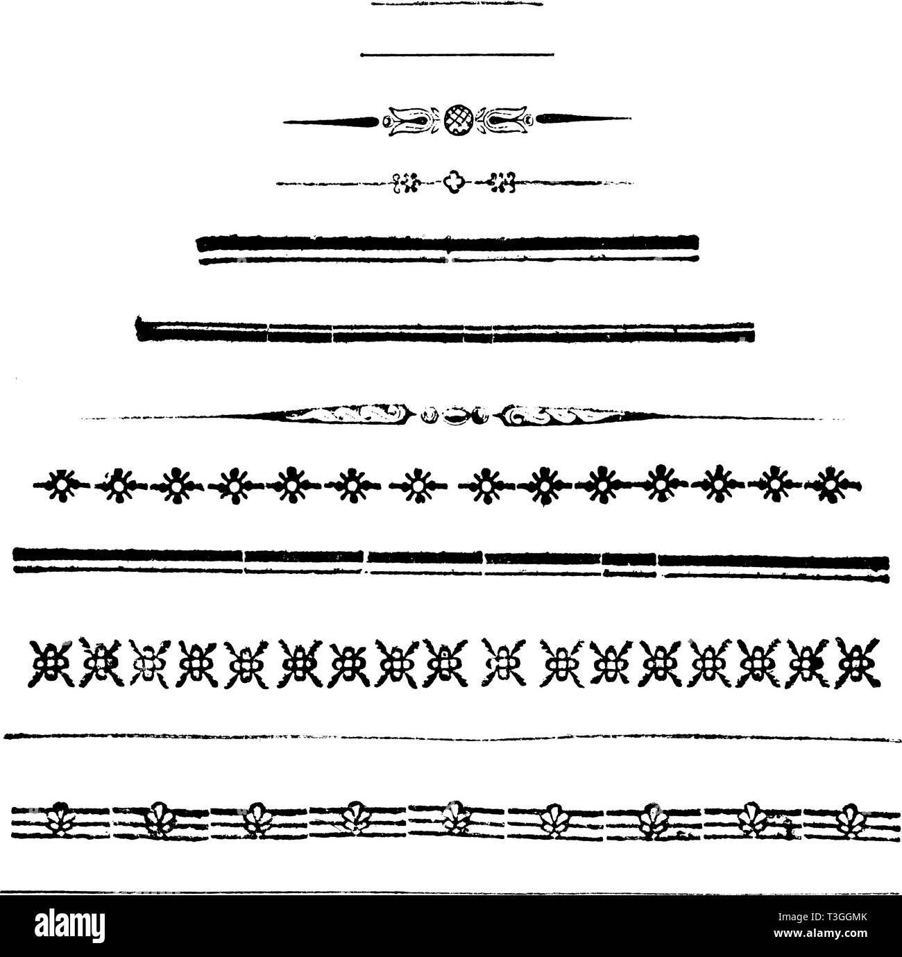 Antique vector drawing or engraving of classic vintage decorative designs, horizontal dividing lines. From books Krizowe Tazeni Deti printed in Austrian Empire 1845 and Romische Historie printed in Kingdom of Prussia 1762. Stock Vector