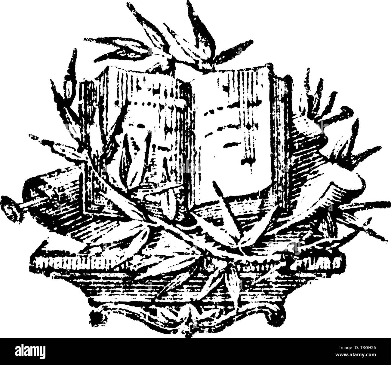 Antique vector drawing or engraving of grunge vintage decorative design of book and scrolls with floral ornament around.From Der neugepflansste kleine Baum-Garten, 1772. Stock Vector