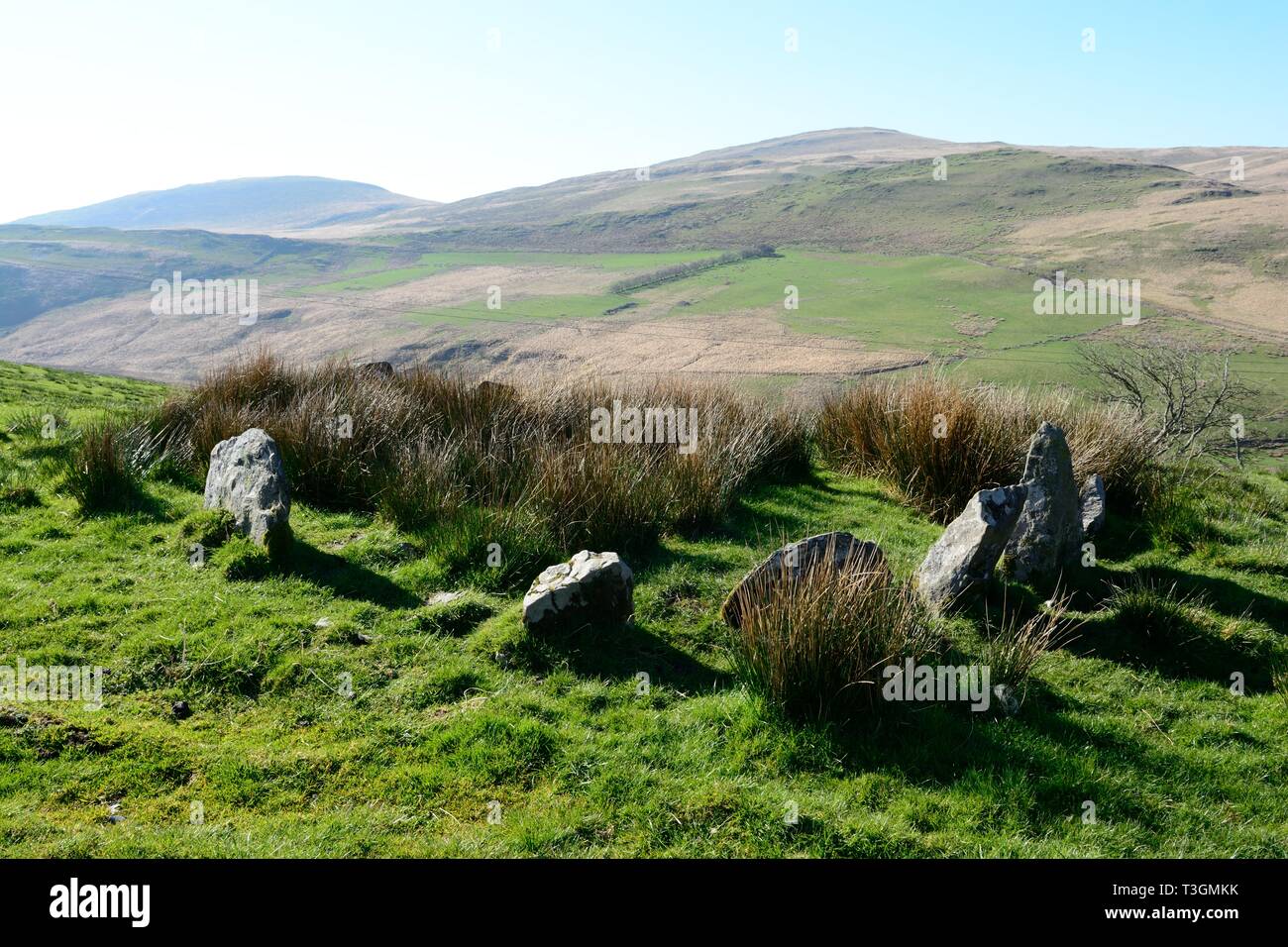 Hirnant stone circle kerb circle burial cairn Upper Rheidol Valley Ceredigion Wales Cymru UK Stock Photo