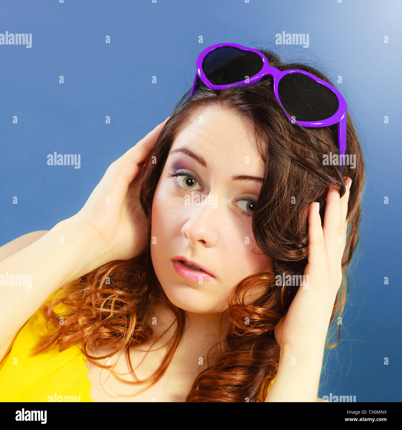 Summer Fashion Eyes Protection Concept Closeup Girl Long Curly