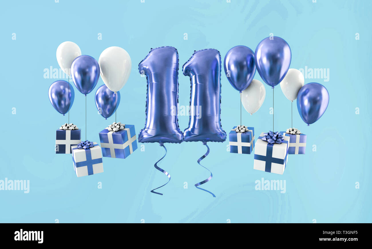 Happy 11th birthday party composition with balloons and presents. 3D Render  Stock Photo - Alamy