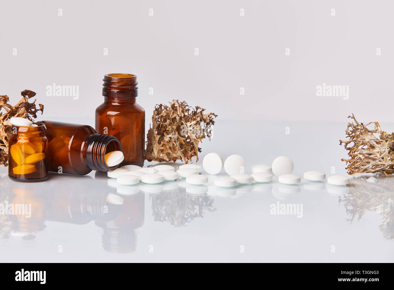 White tablets and pills with lichen (Cetraria islandica) on white mirror background.  Health care concept, cough remedy.  Homeopathic concept. Stock Photo