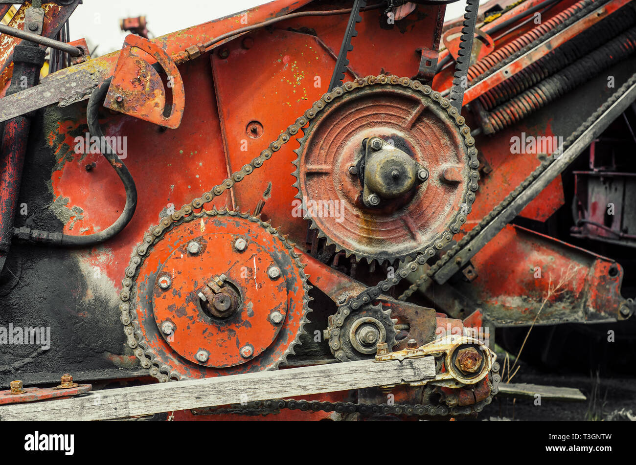 Parts of old broken machine under corrosion closeup. Old technics ...