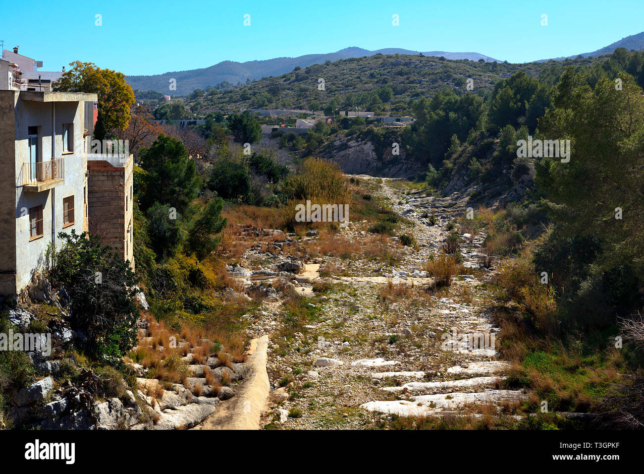Dry River Bed in the gorge at Gata de Gorges in the Province of Alicante, Spain Stock Photo