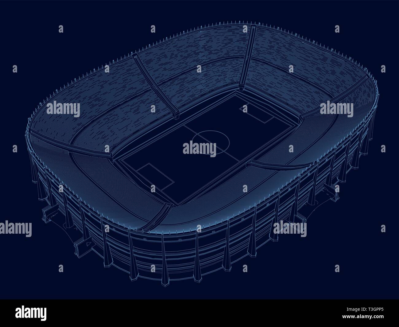 Wireframe of the stadium. Isometric view. Stadium of blue lines on a dark background. 3D. Vector