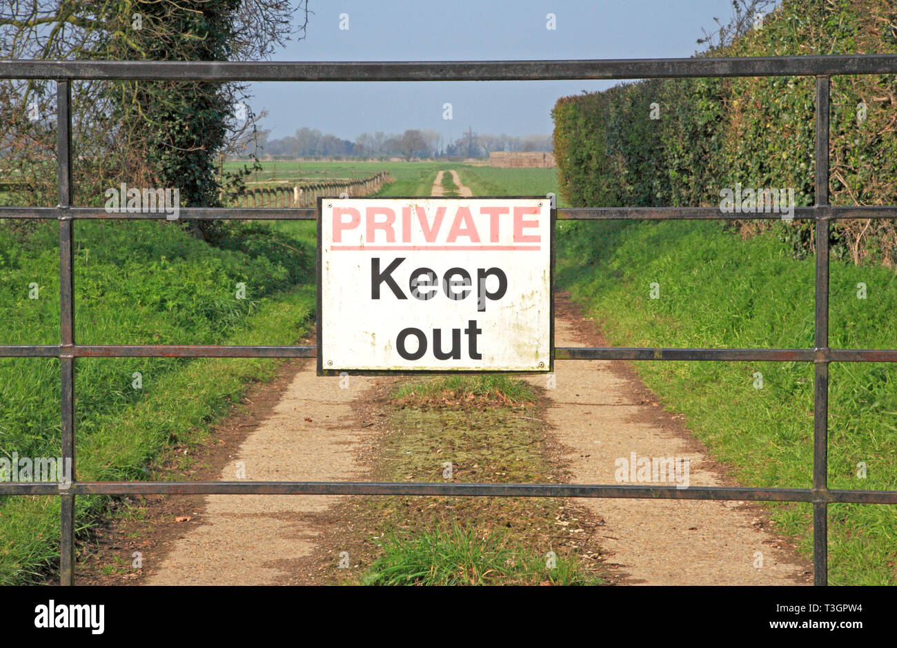 A Private Keep Out sign on a locked gate on a track leading over farmland at Freethorpe, Norfolk, England, United Kingdom, Europe. Stock Photo