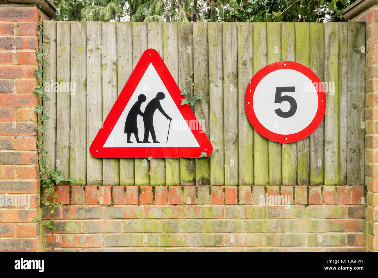 Elderly people and 5mph road traffic signs, England, UK Stock Photo