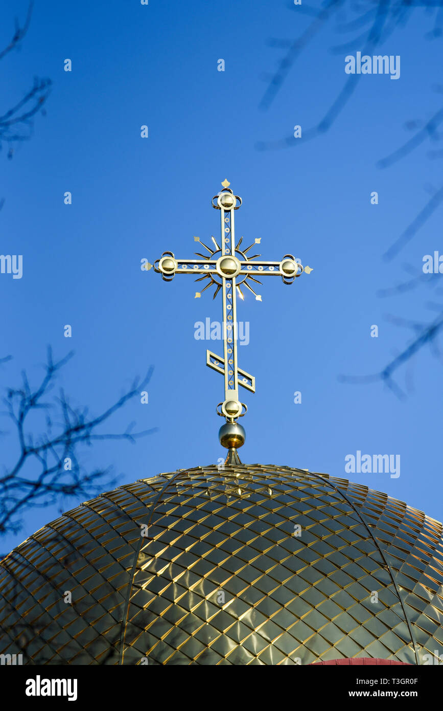 Golden orthodox cross on the dome of the church Stock Photo - Alamy