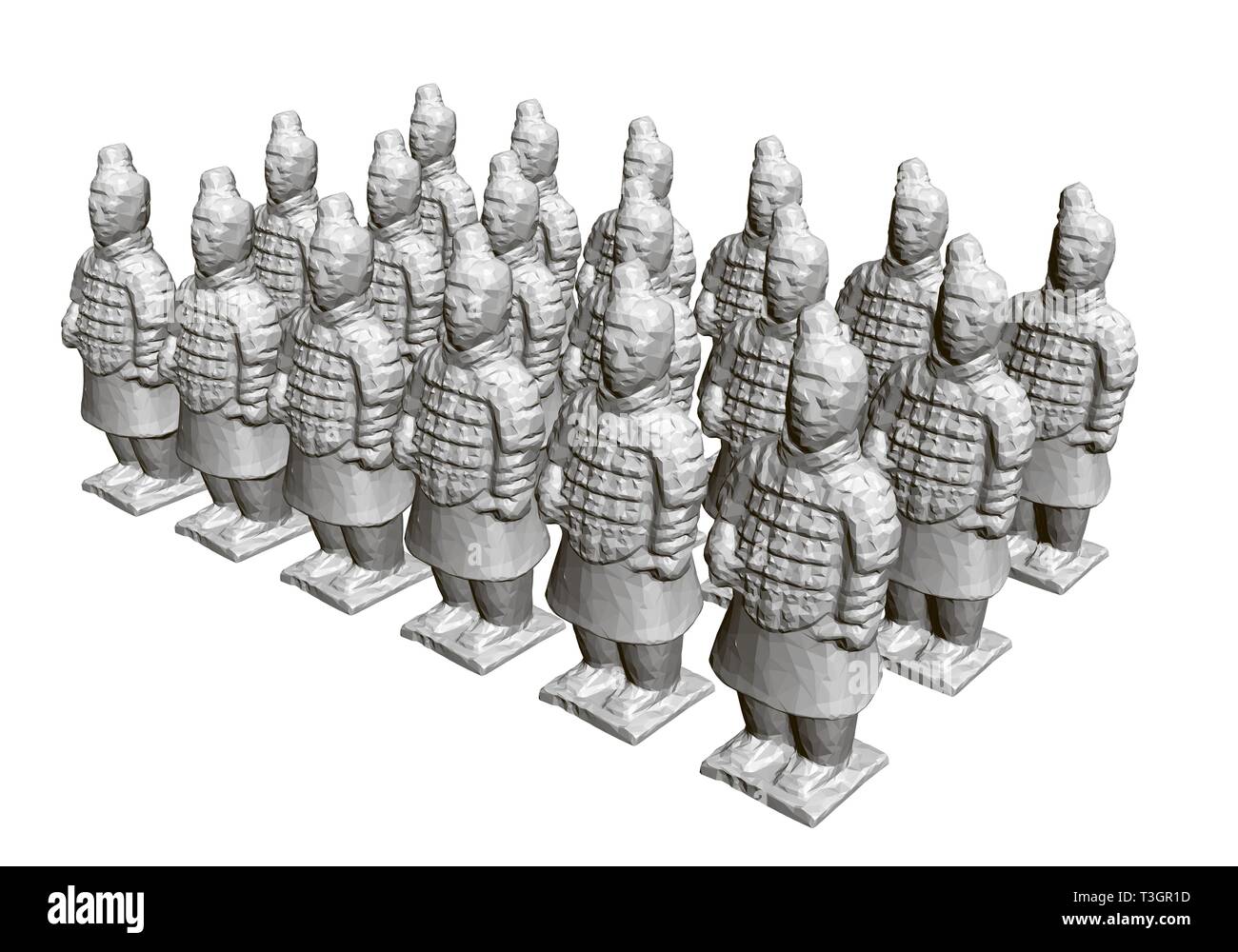 Group of terracotta warriors. Sculptures of ancient terracotta warriors. 3D. Isometric view. Vector illustration Stock Vector