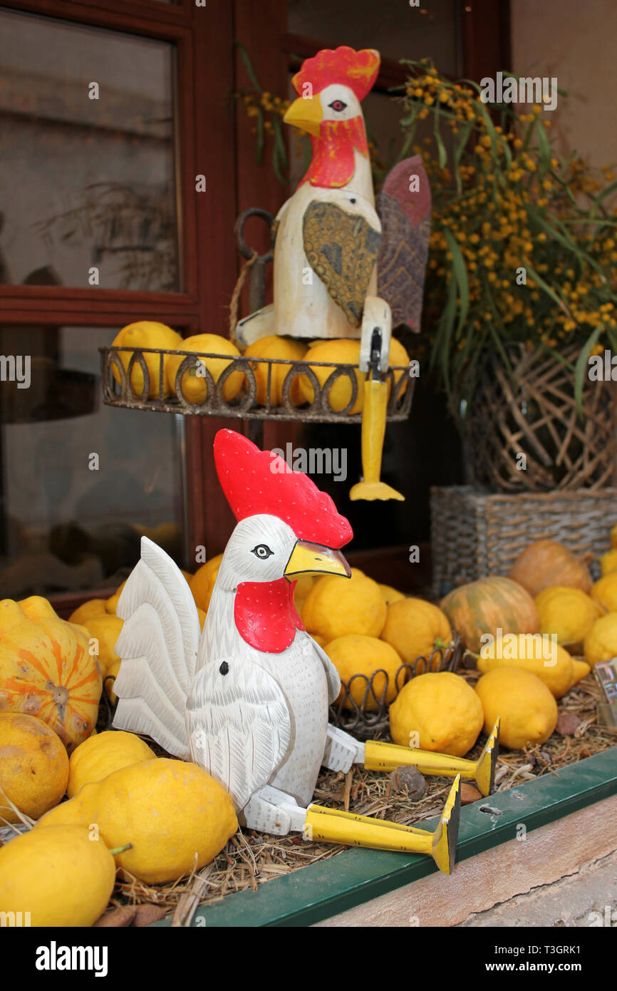 Decorative Chickens and Lemons in the Window of Sa Botiga Restaurant, Santanyi, Mallorca Stock Photo