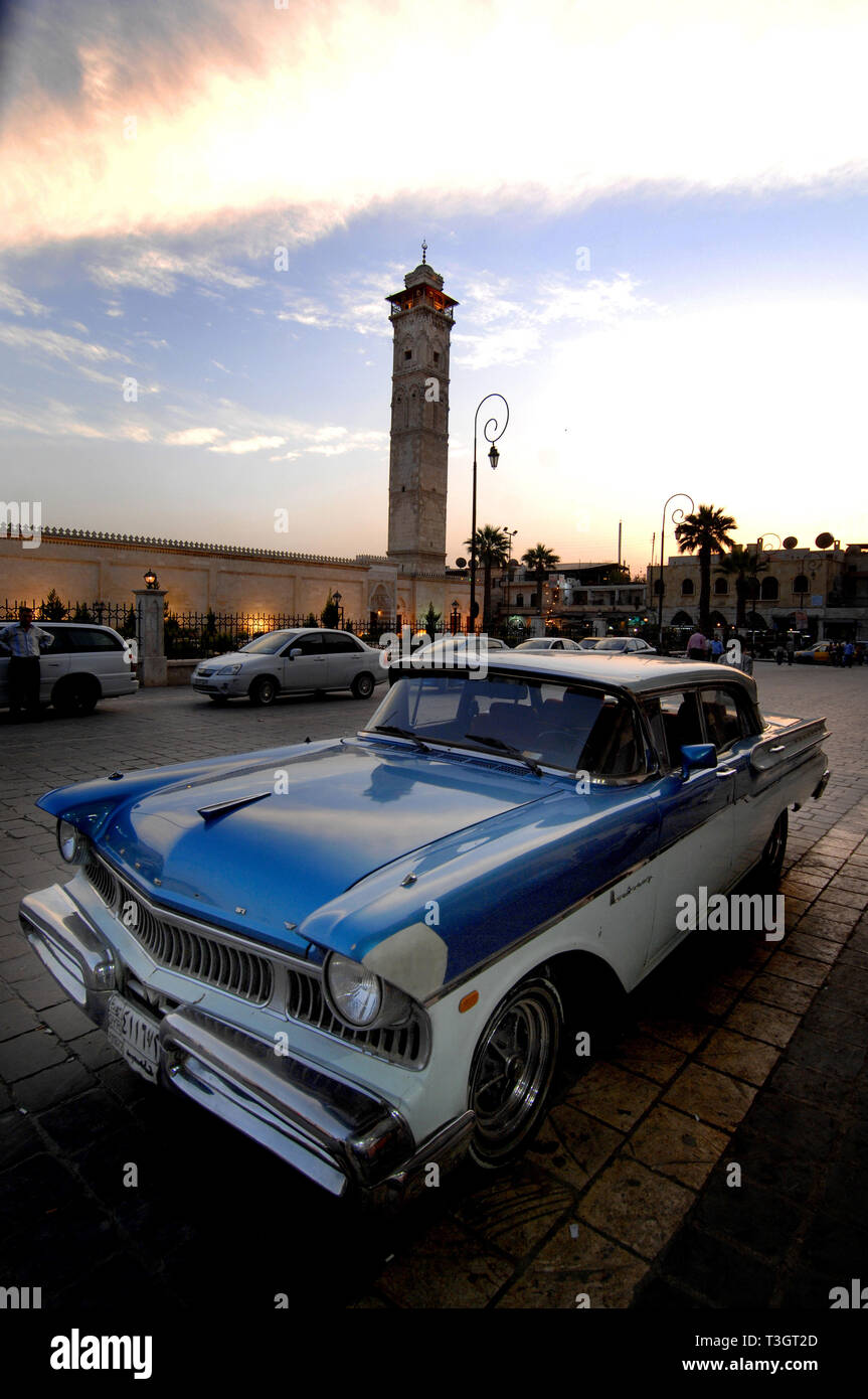 1957 Ford Mercury outside the Omayyad Mosque, Aleppo, Syria. Stock Photo