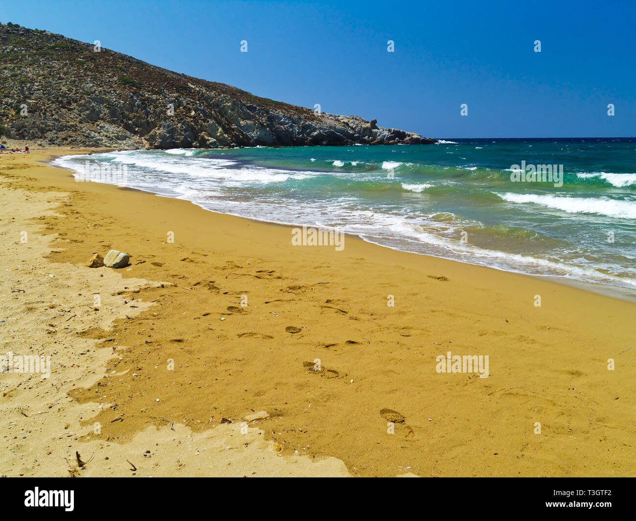 Beautiful greek summer sunny beach bay. View to aegean blue sea with